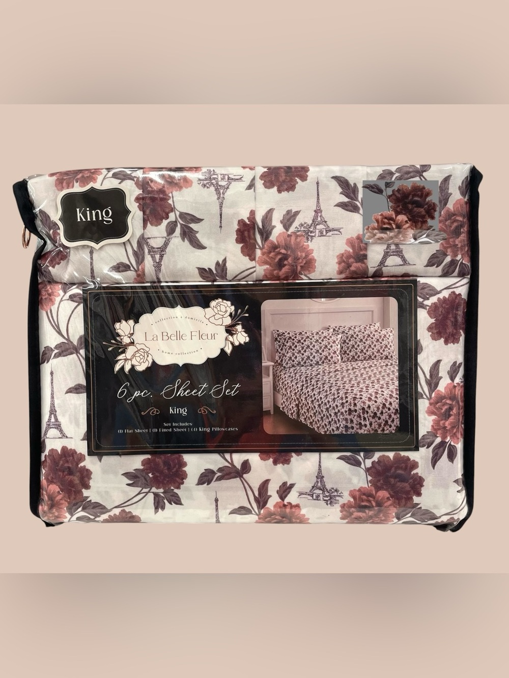 King 6-Pc DP Sheet Set White Red-Wine Floral Eiffel Tower La Belle Fleur NEW NIP